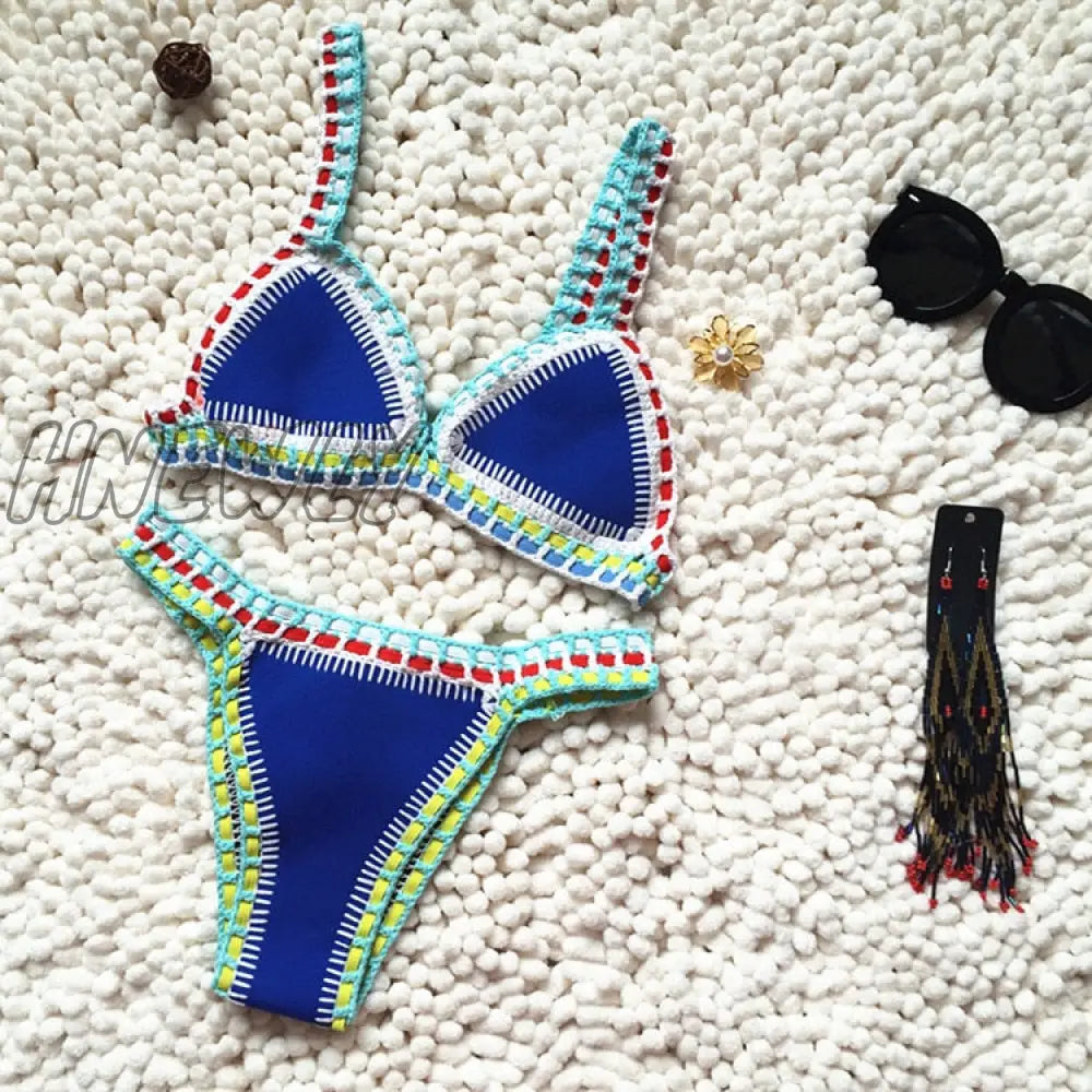 Hnewly Micro Bikini Women Handmade Crochet Knit Swimwear Halter Patchwork Bathing Suit Swimsuit