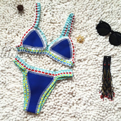 Hnewly Micro Bikini Women Handmade Crochet Knit Swimwear Halter Patchwork Bathing Suit Swimsuit