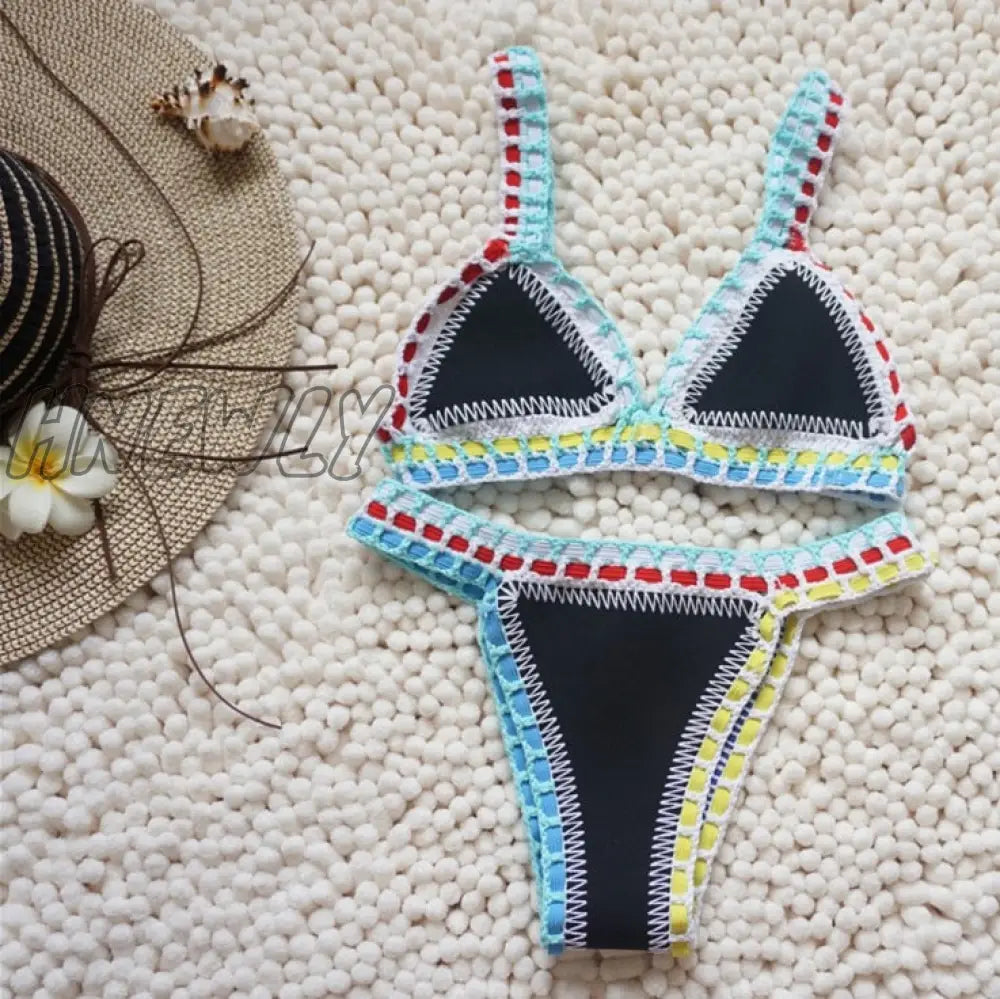 Hnewly Micro Bikini Women Handmade Crochet Knit Swimwear Halter Patchwork Bathing Suit Swimsuit