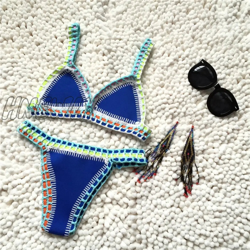 Hnewly Micro Bikini Women Handmade Crochet Knit Swimwear Halter Patchwork Bathing Suit Swimsuit