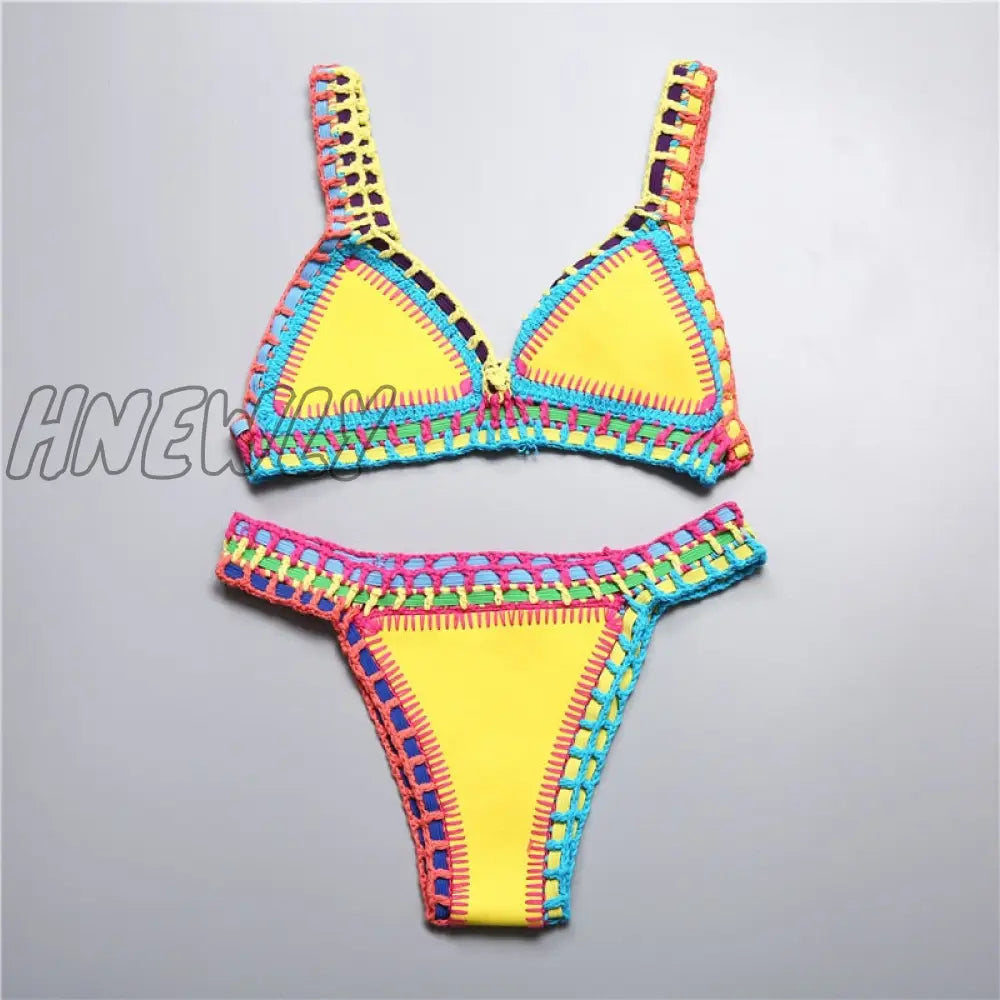 Hnewly Micro Bikini Women Handmade Crochet Knit Swimwear Halter Patchwork Bathing Suit Swimsuit