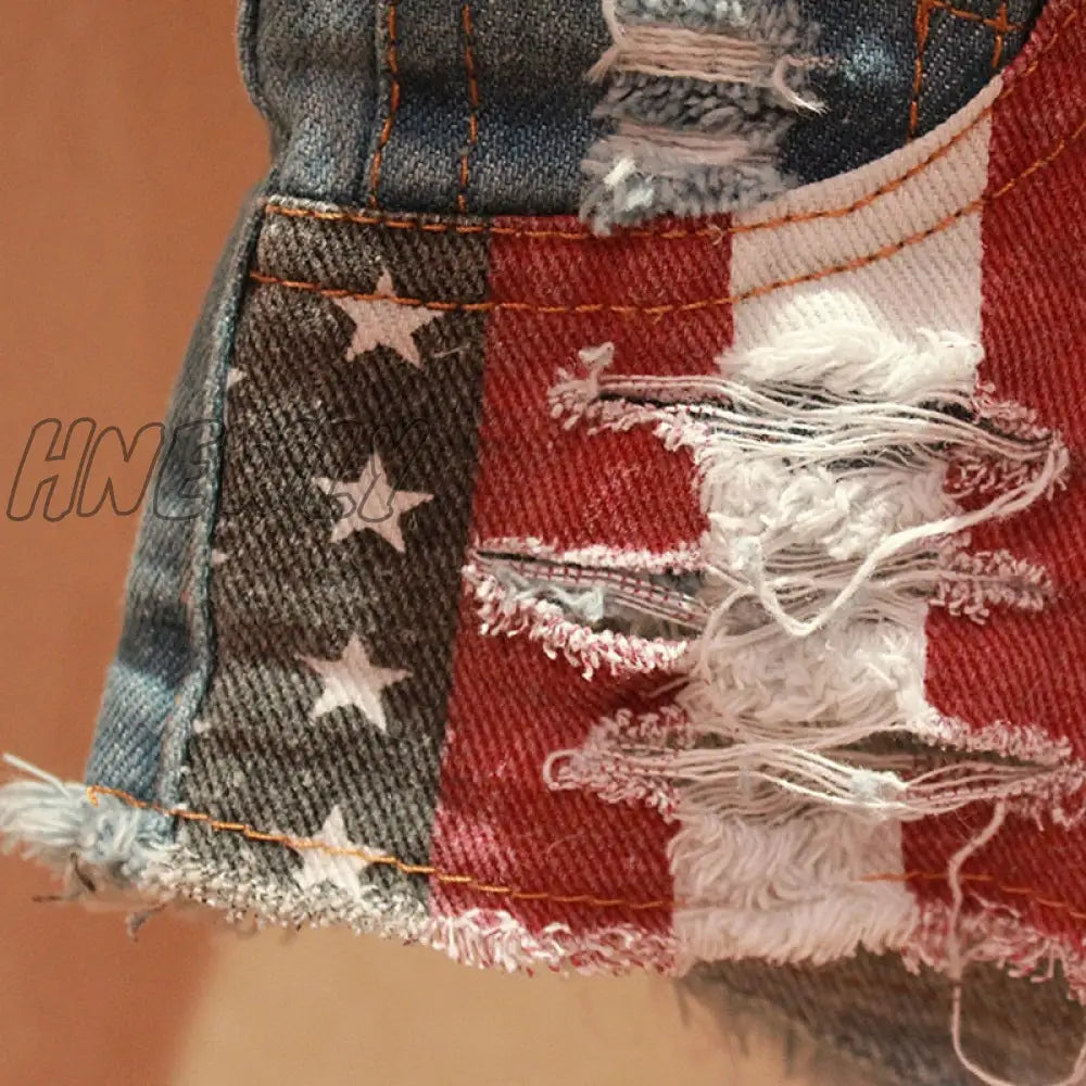 Hnewly Mid Waist Jeans Shorts Women New Fashion Usa Flag Printed Denim Pole Dance Skinny Hot Hole