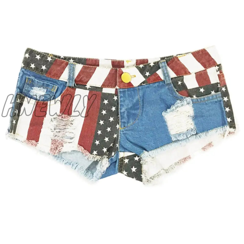 Hnewly Mid Waist Jeans Shorts Women New Fashion Usa Flag Printed Denim Pole Dance Skinny Hot Hole