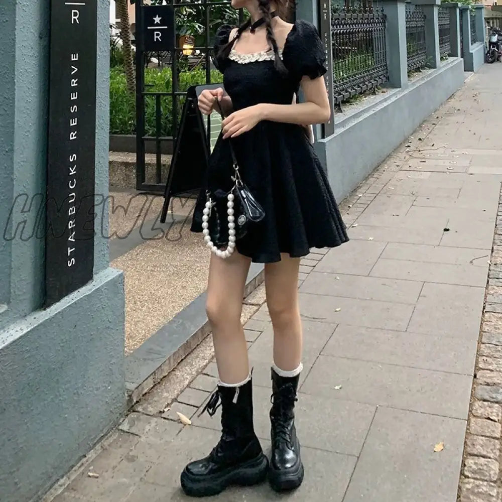 Hnewly Mini Dress Women Vintage Summer Vacation Street Style Chic Square Collar Ladies Sundress