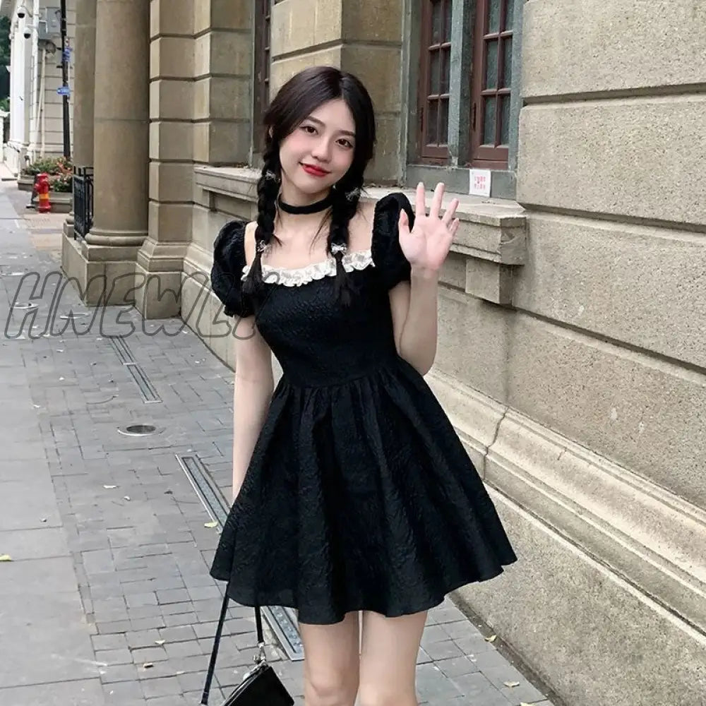 Hnewly Mini Dress Women Vintage Summer Vacation Street Style Chic Square Collar Ladies Sundress