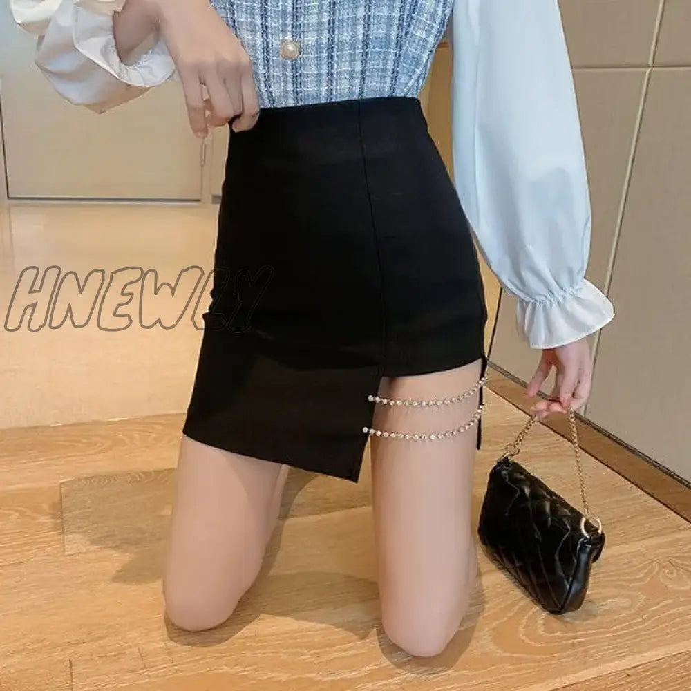 Hnewly Mini Skirts Women Side-Slit Crystal-Chain Korean Style Slim Trendy Elegant Patchwork Female