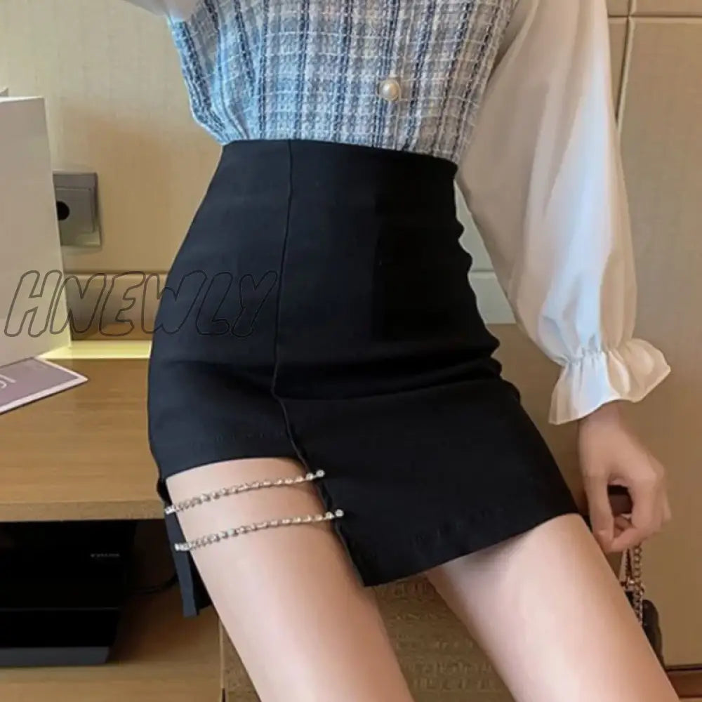 Hnewly Mini Skirts Women Side-Slit Crystal-Chain Korean Style Slim Trendy Elegant Patchwork Female