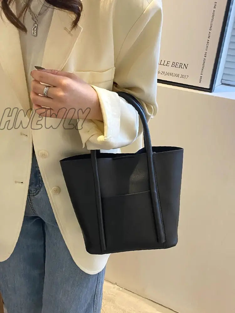 Hnewly - Minimalist Pocket Front Bucket Bag Women Satchels Black Women-Satchels