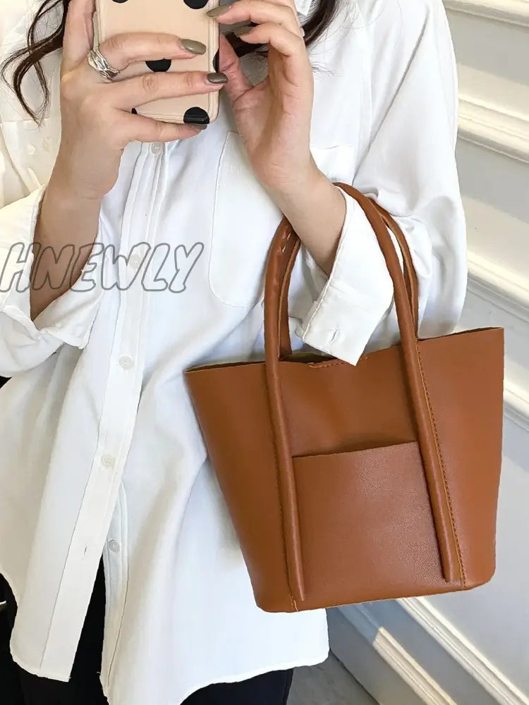 Hnewly - Minimalist Pocket Front Bucket Bag Women Satchels Brown Women-Satchels