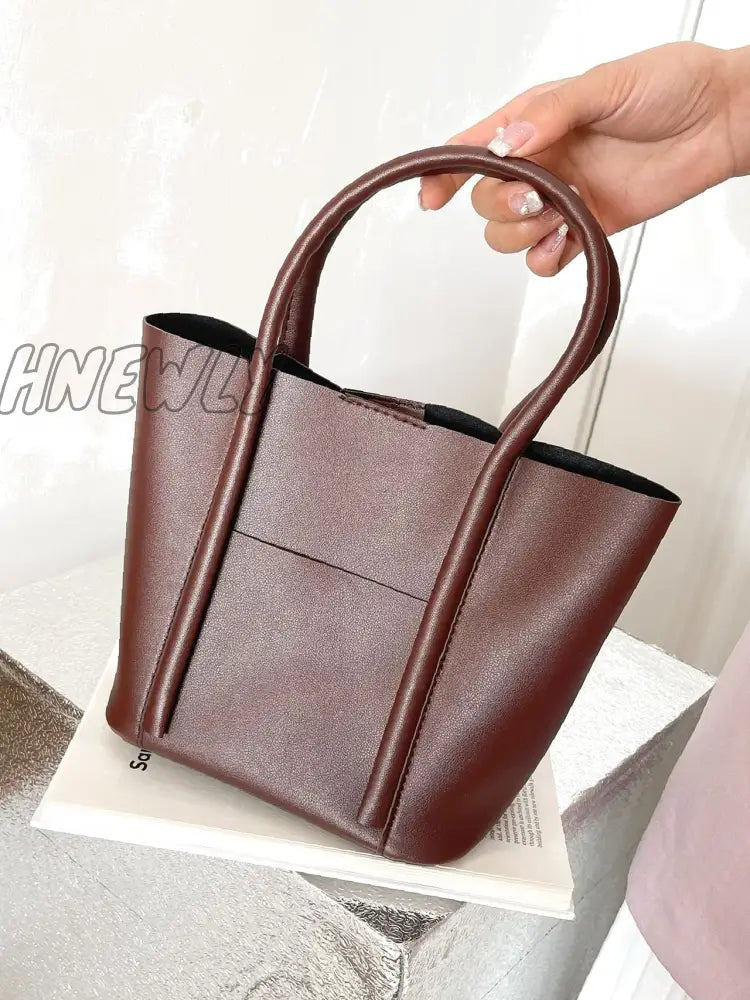 Hnewly - Minimalist Pocket Front Bucket Bag Women Satchels Coffee Brown Women-Satchels