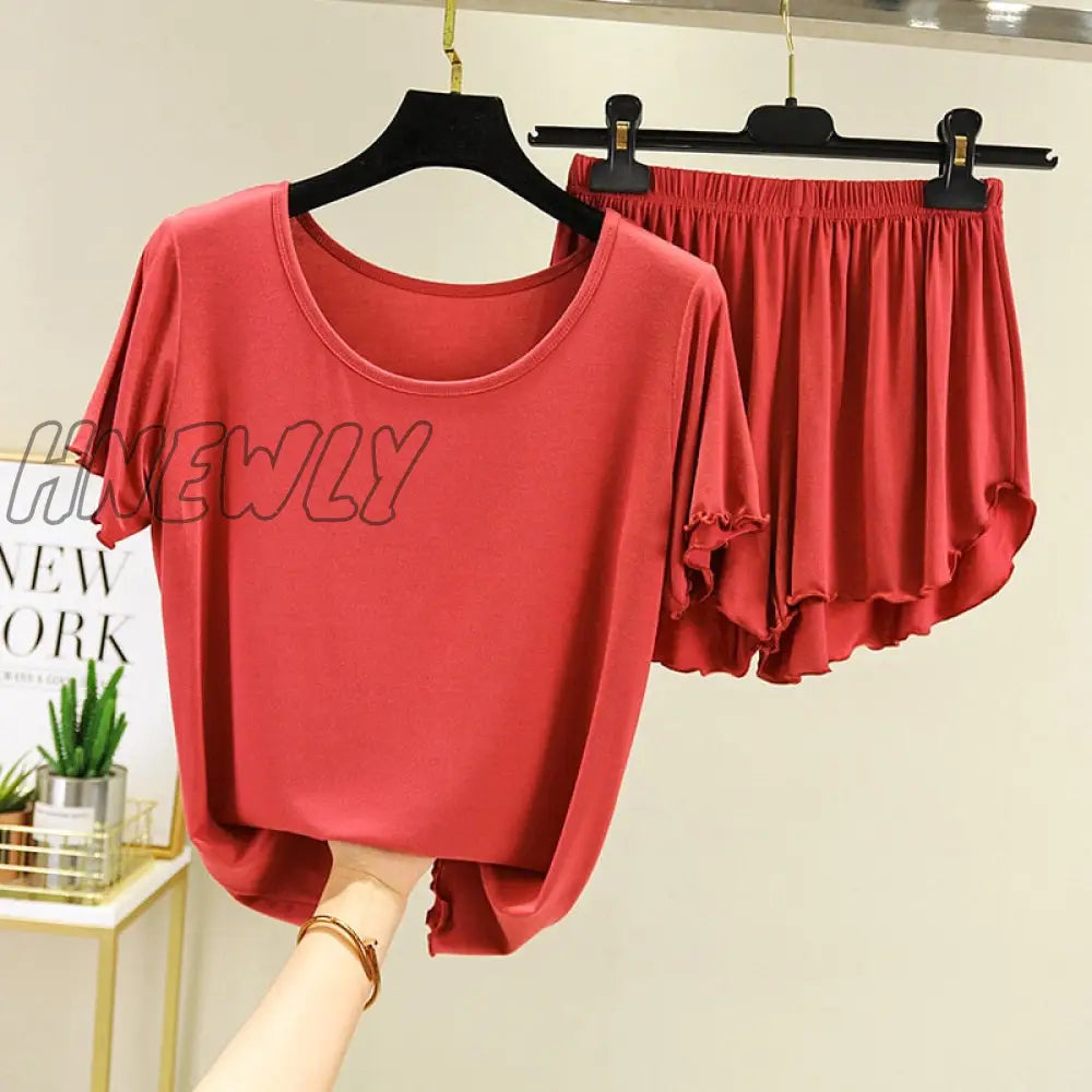 Hnewly Modal Short-Sleeved Sleepwear Women’s Summer Pajamas Set Bottoming Shirt Shorts Suit Large