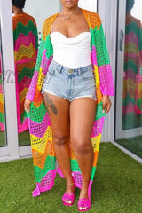 Hnewly - Multi-Color Casual Patchwork Hollowed Out Cardigan With Belt Contrast Outerwear Multi