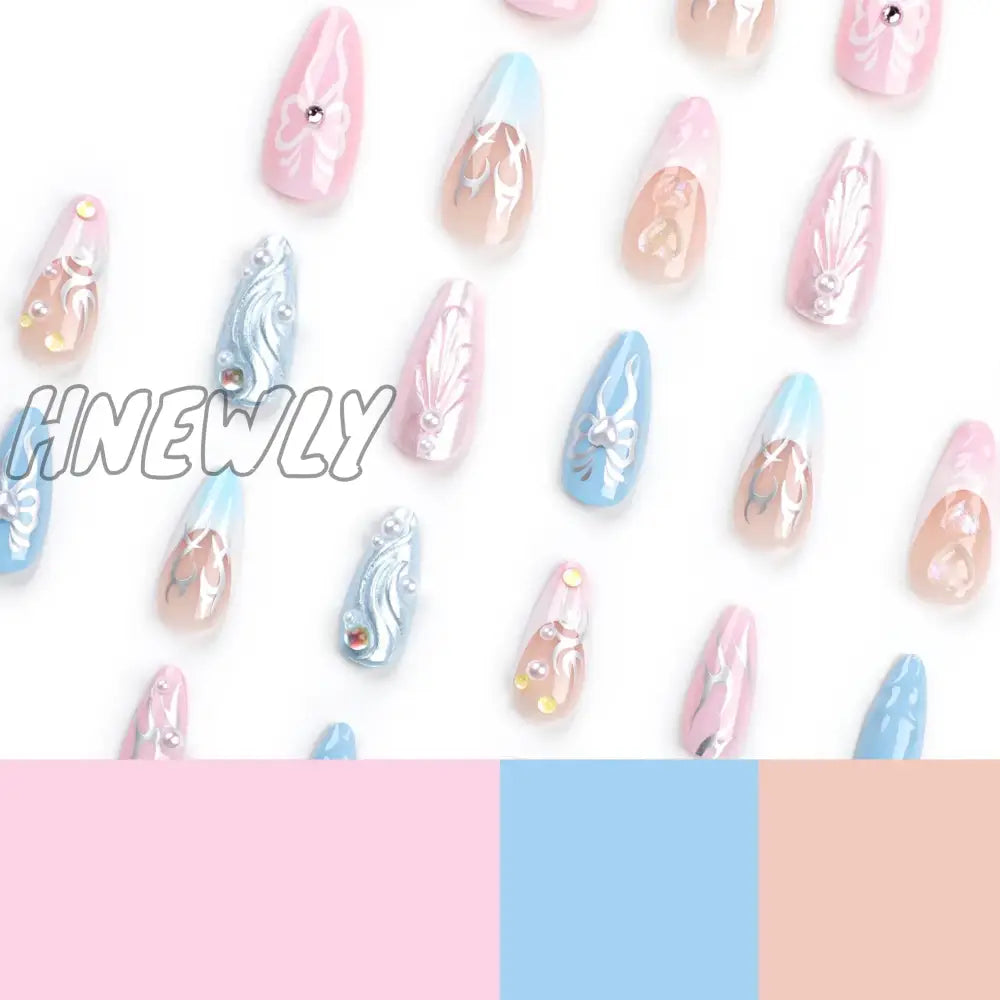 Hnewly New 3D Love Bows Fake Nail Pink Blue Almond False Nails Full Cover Wearable Artificial Press