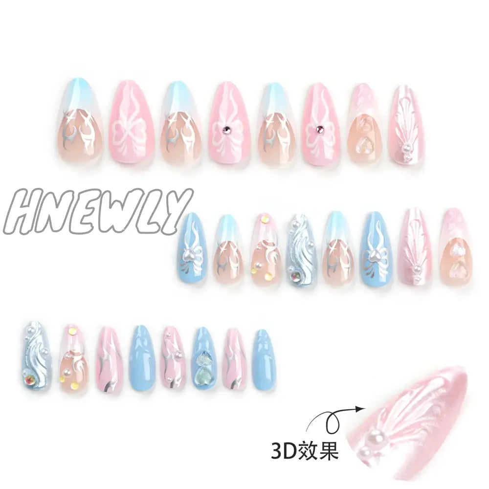 Hnewly New 3D Love Bows Fake Nail Pink Blue Almond False Nails Full Cover Wearable Artificial Press