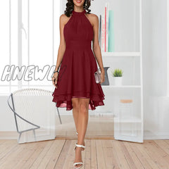 Hnewly New Arrival Women Elegant Solid Color Soft Halter Sleeveless Asymmetric Hem One Piece Dress