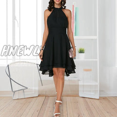 Hnewly New Arrival Women Elegant Solid Color Soft Halter Sleeveless Asymmetric Hem One Piece Dress