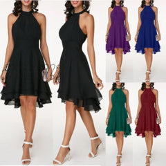Hnewly New Arrival Women Elegant Solid Color Soft Halter Sleeveless Asymmetric Hem One Piece Dress