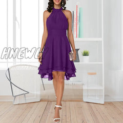Hnewly New Arrival Women Elegant Solid Color Soft Halter Sleeveless Asymmetric Hem One Piece Dress