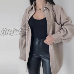 Hnewly New Autumn Winter Fashion Woolen Coat Women Loose Shirt Casual Solid Ladies Coat Lapel Jacket