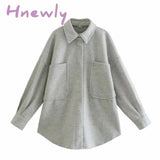 Hnewly New Autumn Winter Fashion Woolen Coat Women Loose Shirt Casual Solid Ladies Coat Lapel