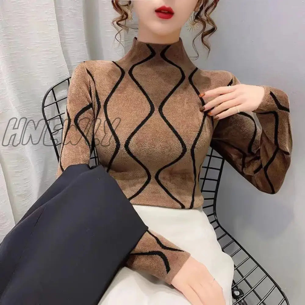 Hnewly New Autumn Winter T-Shirt Add Velvet Padded Warm Semi-High Collar Bottoming Shirt Fashion