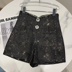 Hnewly New Autumn Winter Women Fashion Pearl Irregular Edge Diamond Button Decoration High Waist