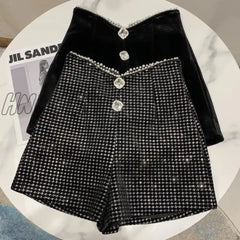 Hnewly New Autumn Winter Women Fashion Pearl Irregular Edge Diamond Button Decoration High Waist