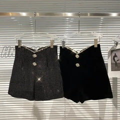 Hnewly New Autumn Winter Women Fashion Pearl Irregular Edge Diamond Button Decoration High Waist