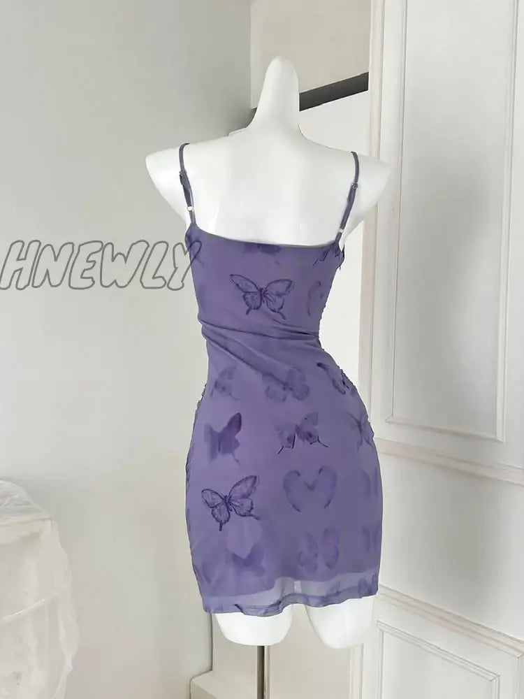 Hnewly New Design Bufferfly Print Spaghetti Strap Dress Elegant Temperament Sexy Gauze Corset