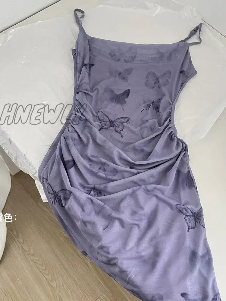 Hnewly New Design Bufferfly Print Spaghetti Strap Dress Elegant Temperament Sexy Gauze Corset