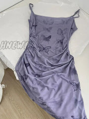 Hnewly New Design Bufferfly Print Spaghetti Strap Dress Elegant Temperament Sexy Gauze Corset