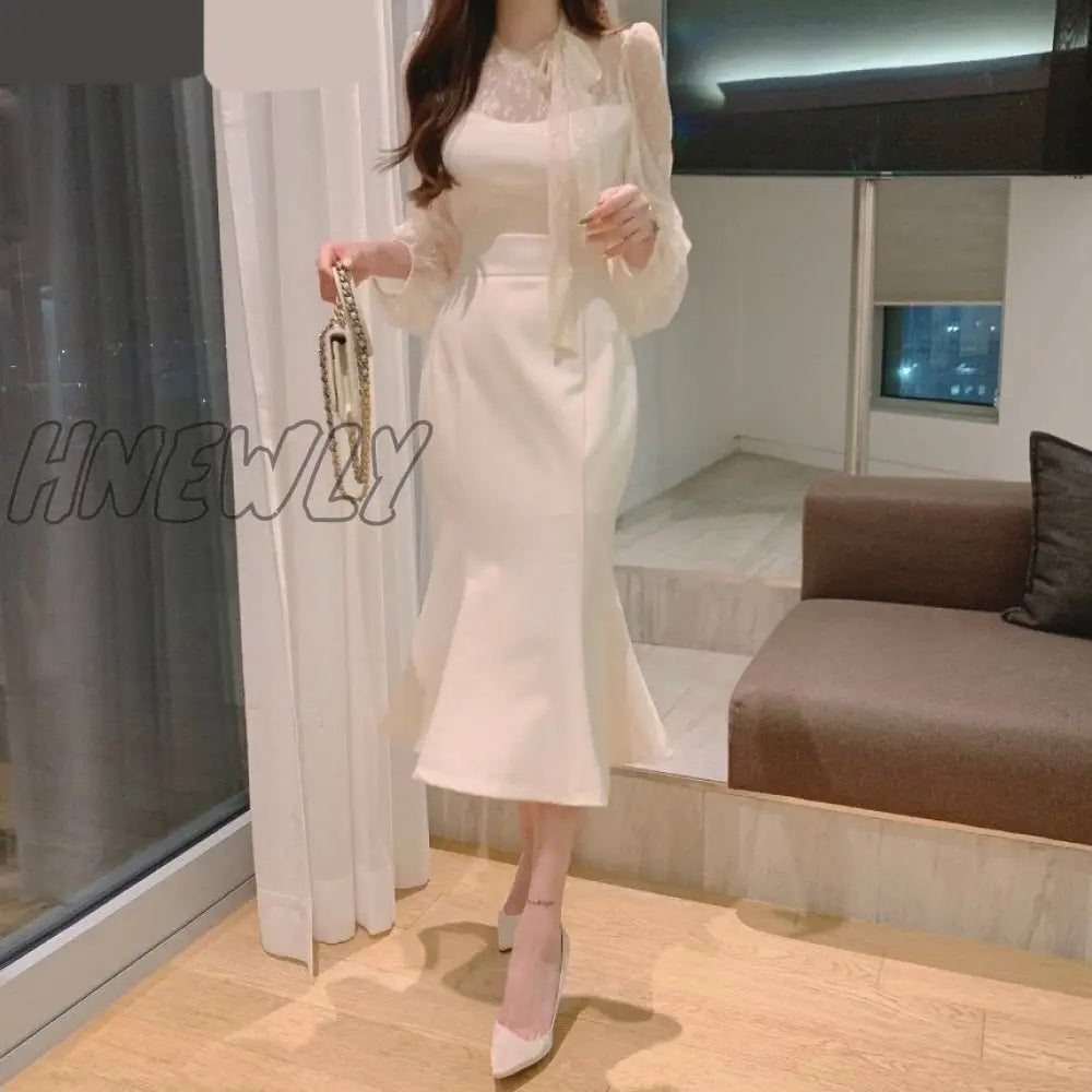 Hnewly New Elegant Dress Women Spring Summer Long-Sleeve High Waist Clothing Lace Hook Hollow