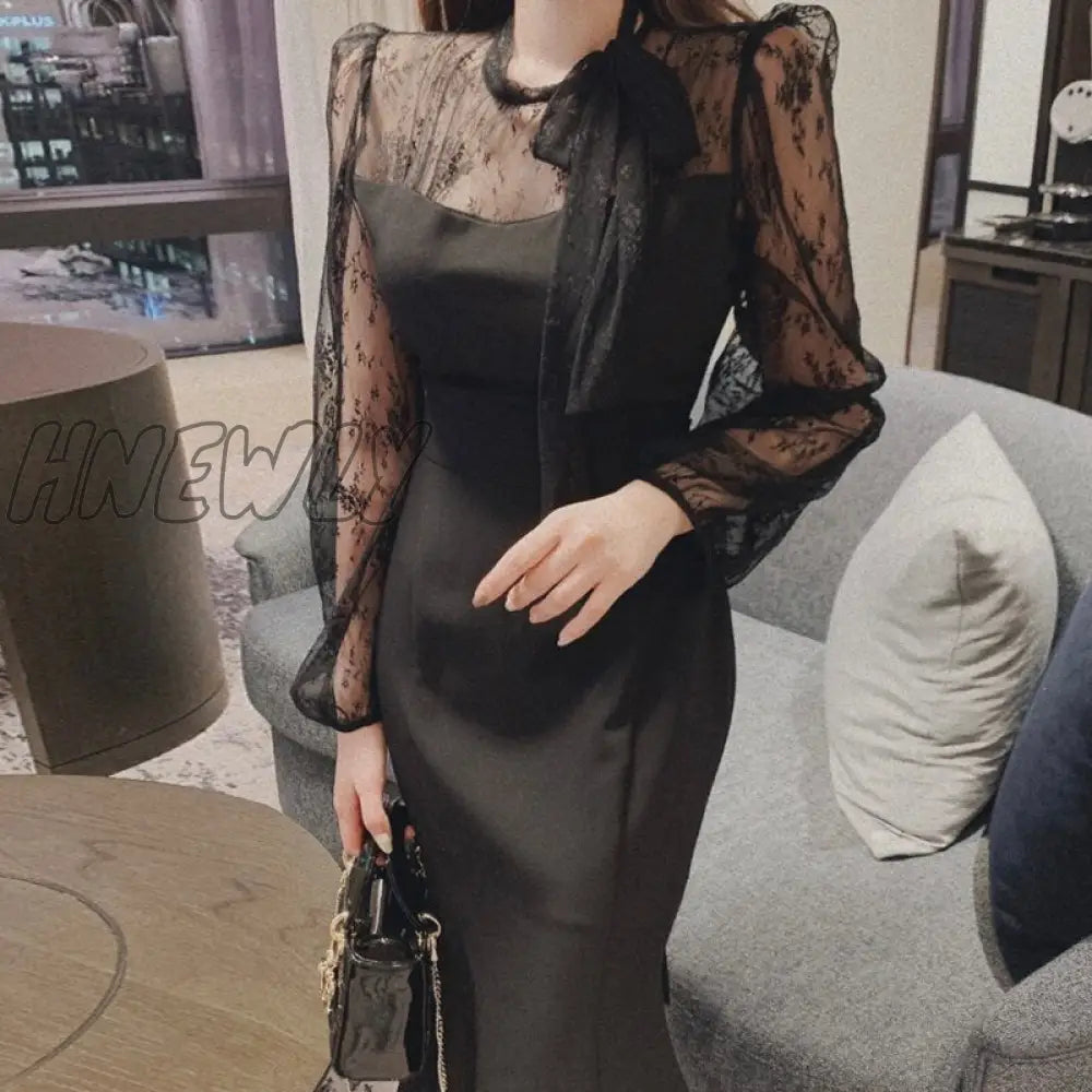 Hnewly New Elegant Dress Women Spring Summer Long-Sleeve High Waist Clothing Lace Hook Hollow