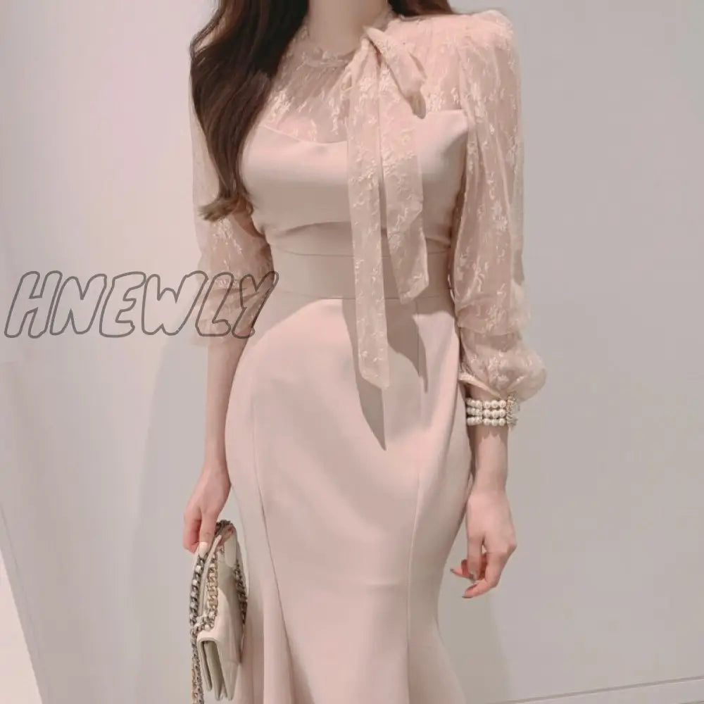 Hnewly New Elegant Dress Women Spring Summer Long-Sleeve High Waist Clothing Lace Hook Hollow