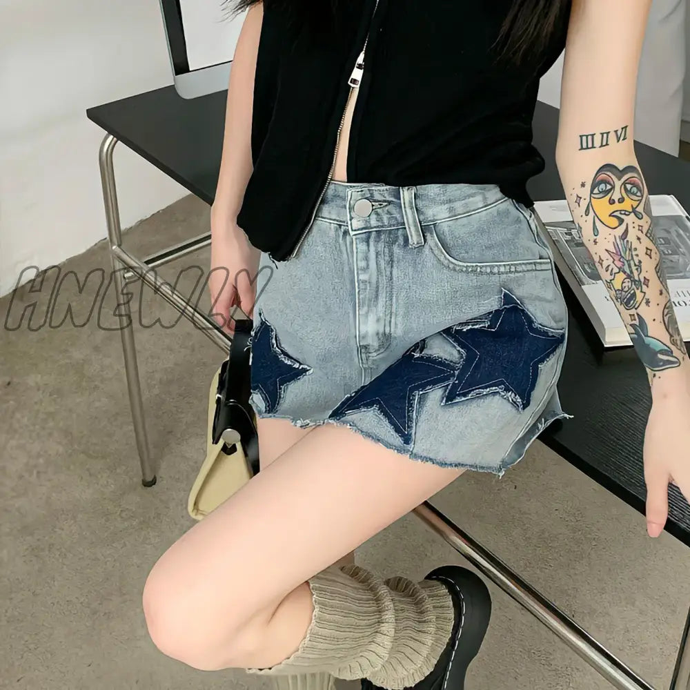 Hnewly New Embroidery Jean Short Skirt Summer Japanese Y2K With Belt Vintage Fashion Denim