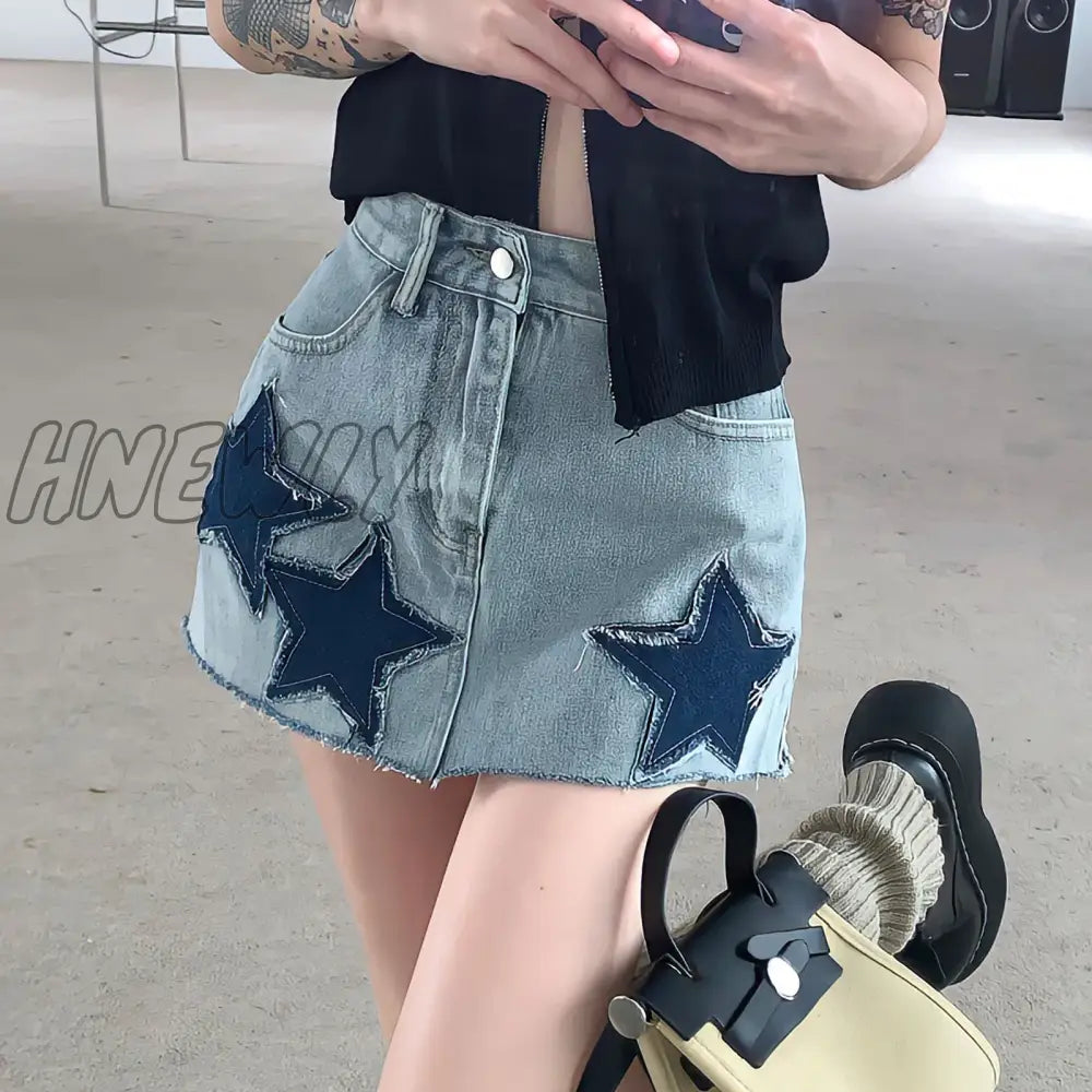 Hnewly New Embroidery Jean Short Skirt Summer Japanese Y2K With Belt Vintage Fashion Denim