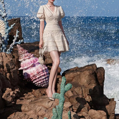 Hnewly New Embroidery Lace Elegant Dress Woman Summer V-Neck High Waist Mini Bodycon Clothing