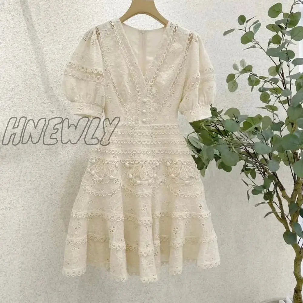 Hnewly New Embroidery Lace Elegant Dress Woman Summer V-Neck High Waist Mini Bodycon Clothing