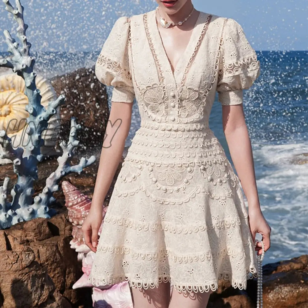 Hnewly New Embroidery Lace Elegant Dress Woman Summer V-Neck High Waist Mini Bodycon Clothing