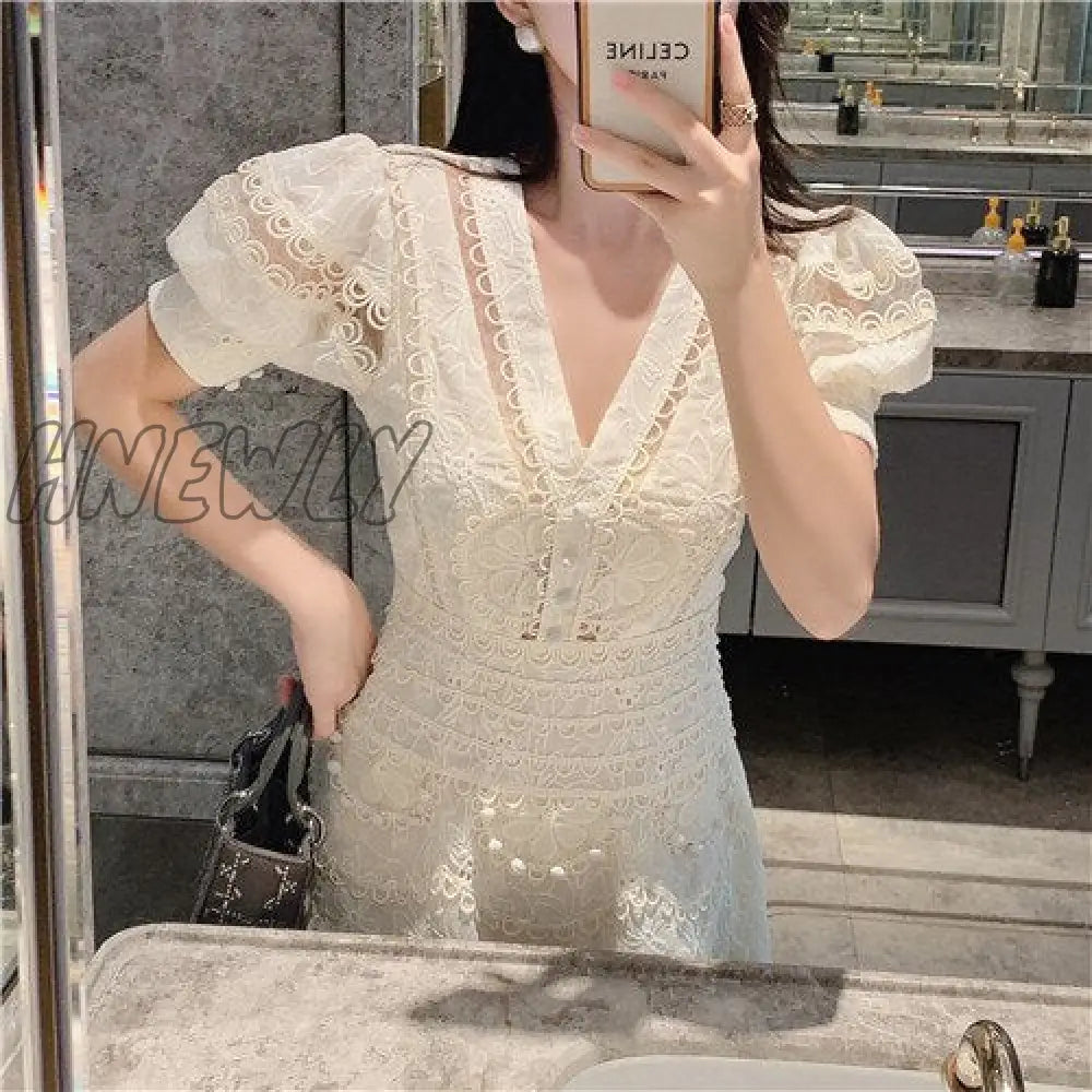 Hnewly New Embroidery Lace Elegant Dress Woman Summer V-Neck High Waist Mini Bodycon Clothing