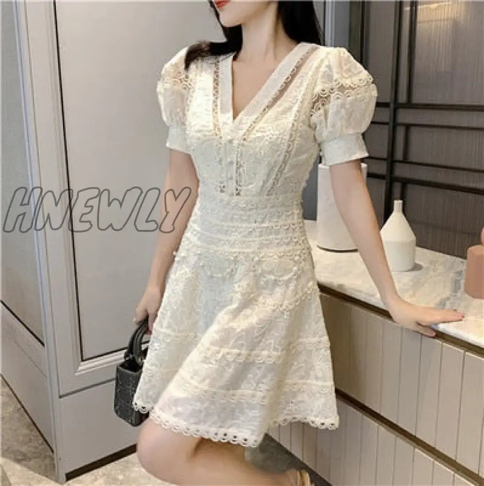 Hnewly New Embroidery Lace Elegant Dress Woman Summer V-Neck High Waist Mini Bodycon Clothing