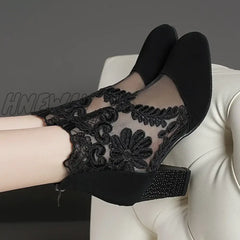 Hnewly New Fashion Women High Heels Lace Flower Ankle Strap Hollow Out Sandals Round Toe Zip Pumps