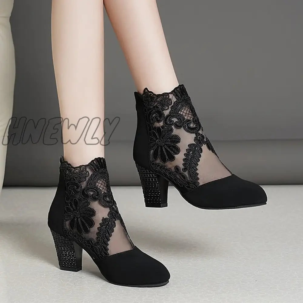 Hnewly New Fashion Women High Heels Lace Flower Ankle Strap Hollow Out Sandals Round Toe Zip Pumps