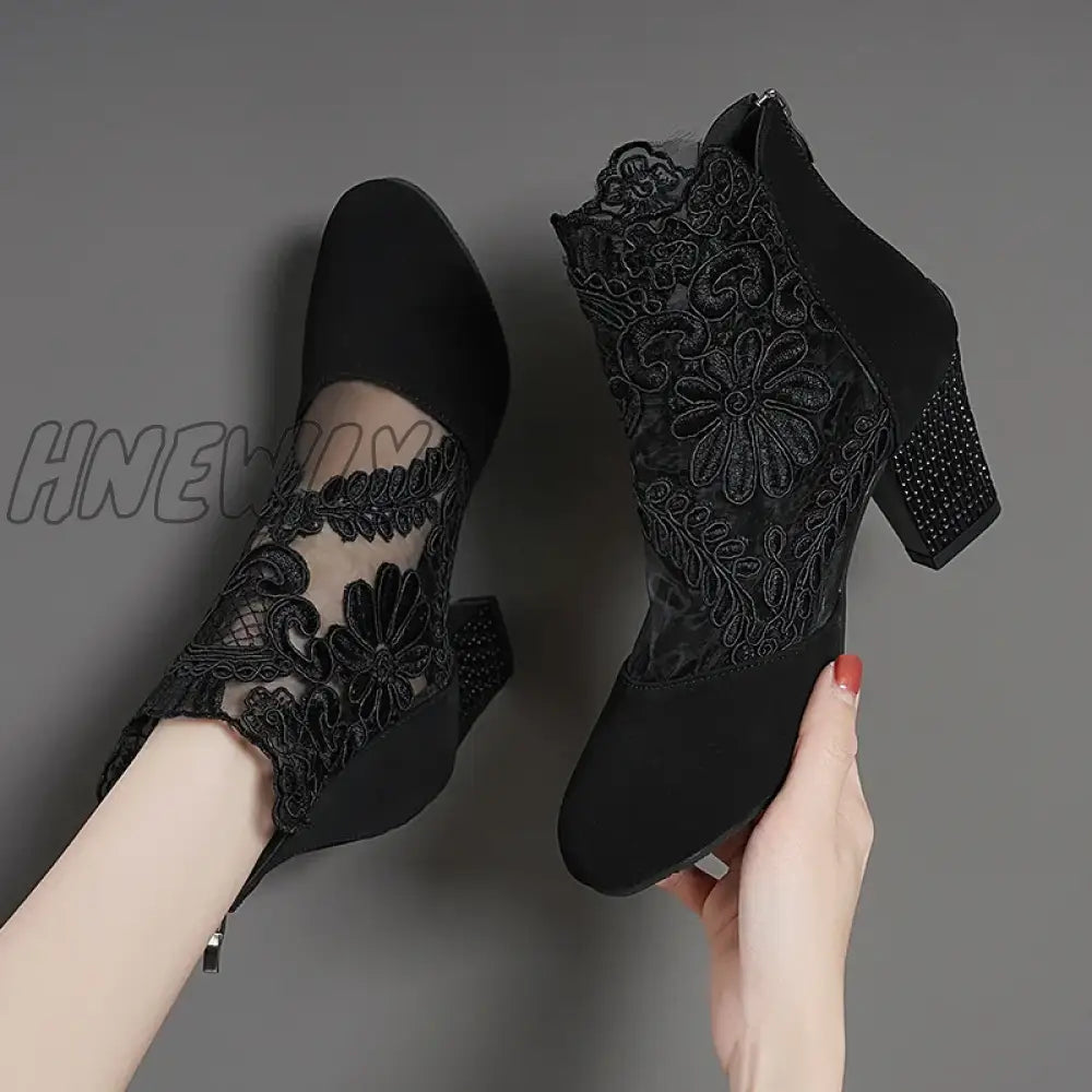 Hnewly New Fashion Women High Heels Lace Flower Ankle Strap Hollow Out Sandals Round Toe Zip Pumps