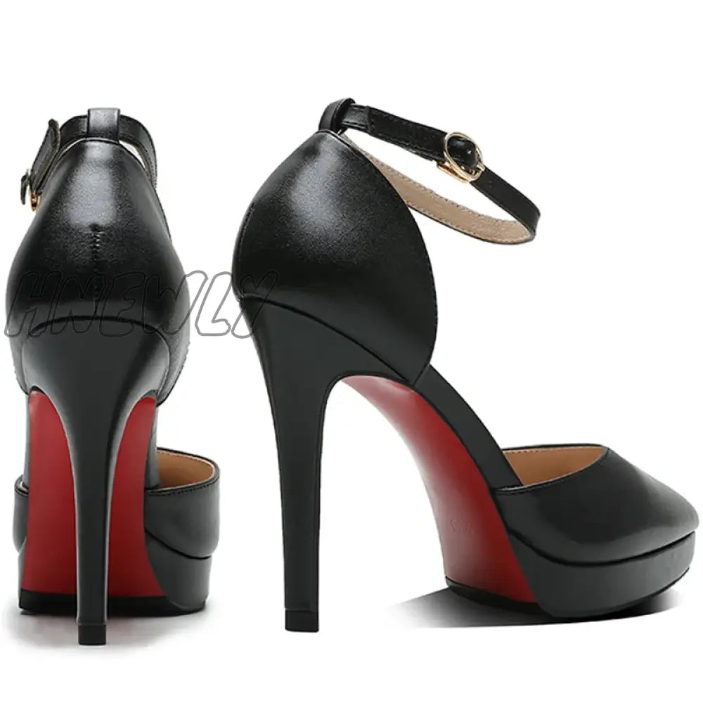 Hnewly New Fashion Women Pumps Shoes Waterproof Platform One-Line Buckle Hollow Pointed Toe 10Cm