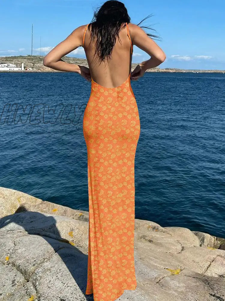 Hnewly New Floral Maxi Dress Women Spaghetti Strap Sleeveless Low Cut Backless Bodycon Bohemian