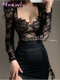 Hnewly New French Sexy Low Big Bust Eyelash Lace Mesh Perspective Short Mini Long Sleeve T-Shirt