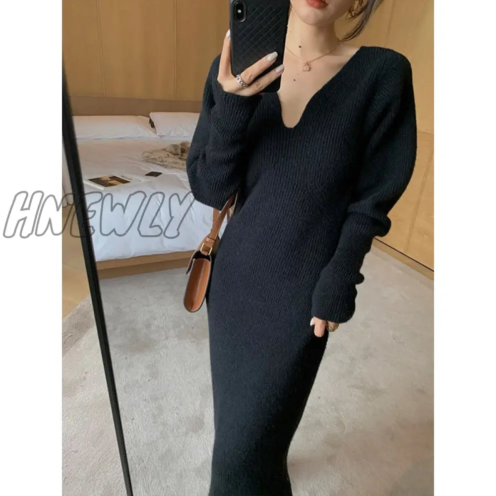 Hnewly New French Style Long Sweater Dress Knitting Solid Women’s Autumn And Winter Wear