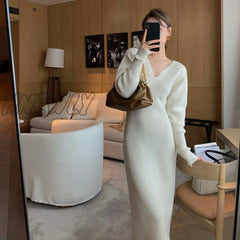 Hnewly New French Style Long Sweater Dress Knitting Solid Women’s Autumn And Winter Wear