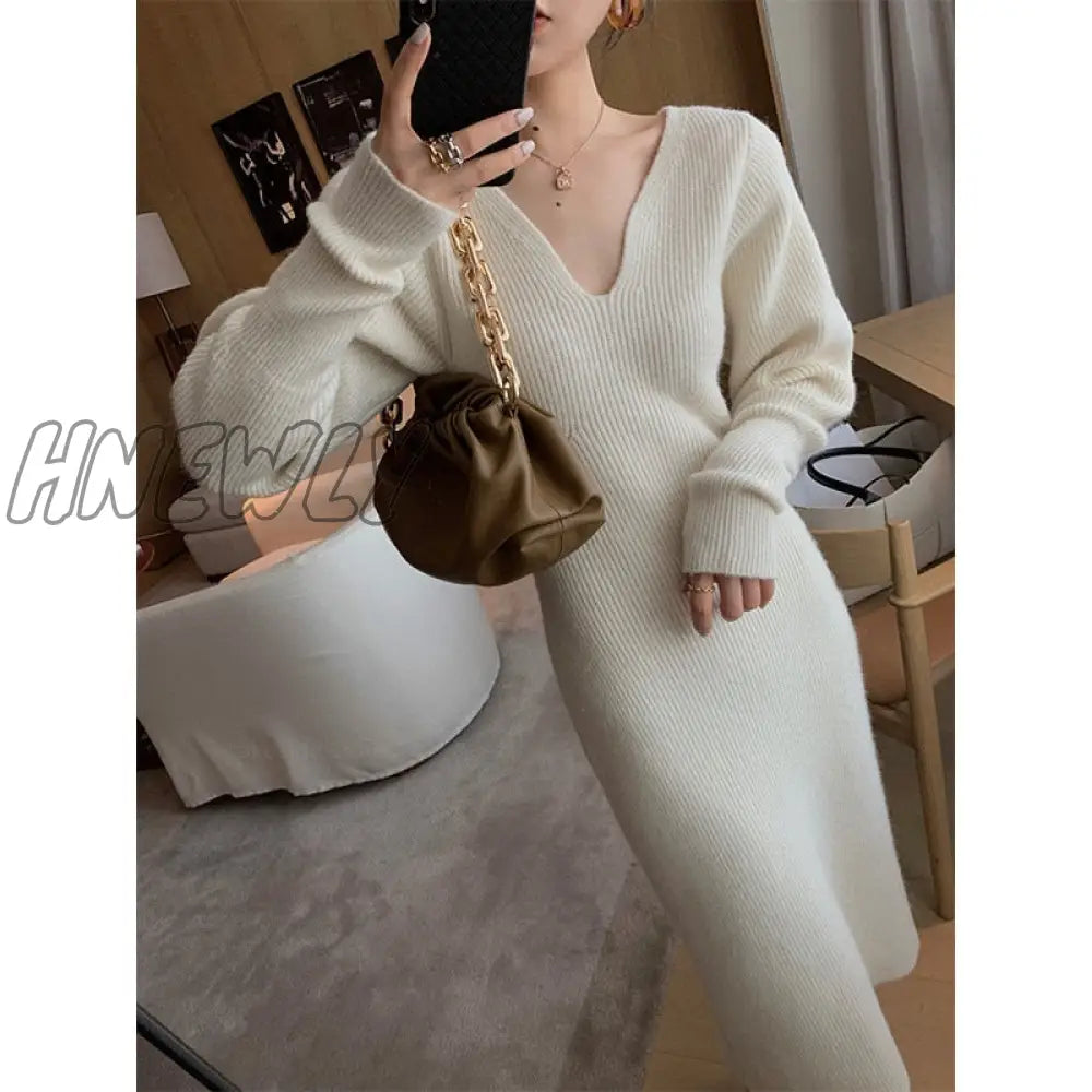 Hnewly New French Style Long Sweater Dress Knitting Solid Women’s Autumn And Winter Wear
